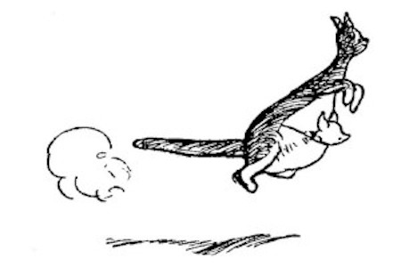 In this drawing we see Kanga bounding off, leaving behind a cloud of dust. Piglet is peering out of her pocket.