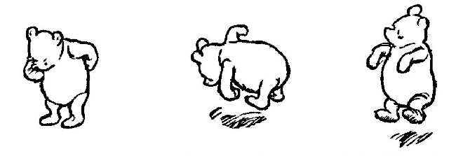 The drawings show Pooh practicing jumps. In the first, he's thinking about jumping. The second is a twist jump, and the third is a bouncy jump.