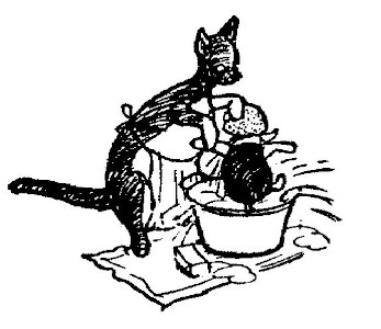 In this drawing, Piglet is in the washtub getting scrubbed. Kanga is using a sponge, and water is splashing all over.