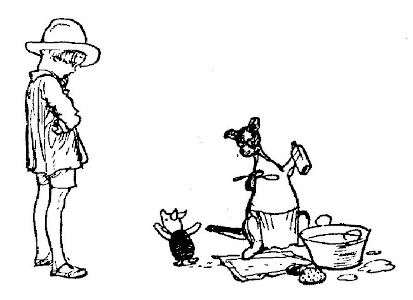 In the drawing, Christopher Robin sees Kanga with the washtub and Piglet protesting.