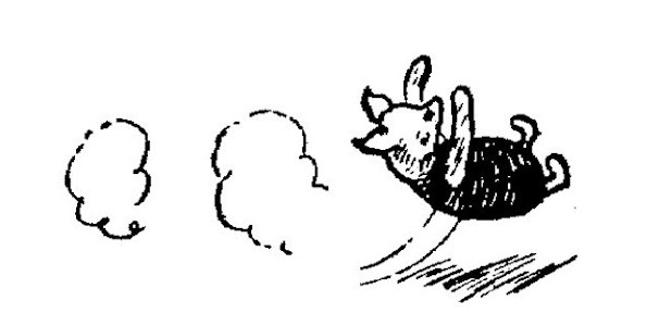 The drawing shows Piglet rolling happily in the dirt, dust clouds flying.