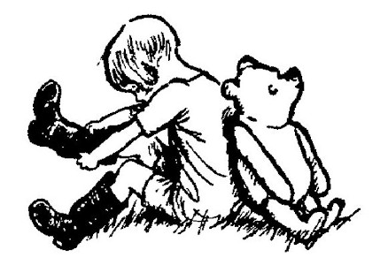 A drawing shows Pooh and Christopher Robin sitting back-to-back. Chistopher Robin is putting on Big Boots.