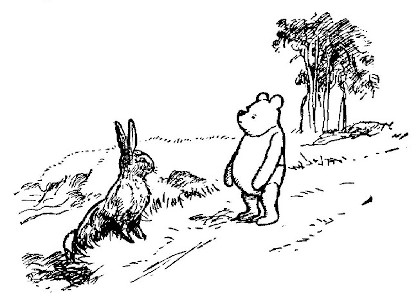 A drawing shows Pooh meeting Rabbit on a path.