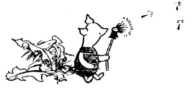 In the drawing, Piglet is sitting on a dandelion plant, blowing some feathery tufts into the wind.