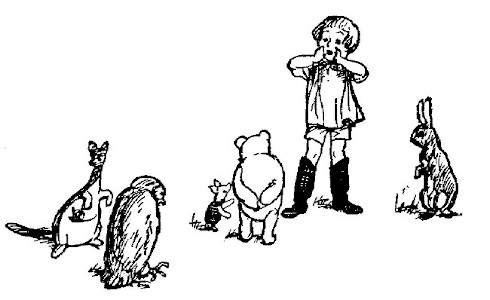 In this drawing, Christopher Robin is shouting to the front of the line. Rabbit, Pooh, Piglet, Owl, Kanga and baby Roo.