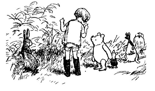 In this drawing, Rabbit is leading the line into some dense brush. Christopher Robin is ssshing the rest.