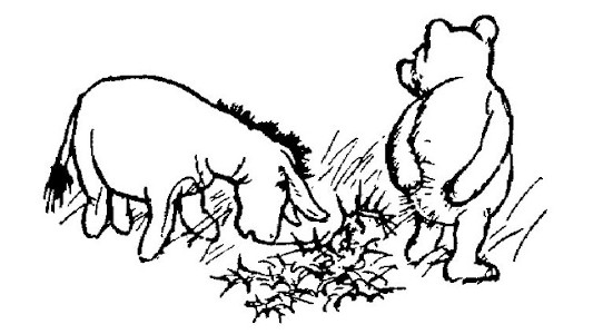 In the drawing, Eeyore is starting to munch on the thistle; Pooh is standing up with lots of thistle-burrs on his behind.