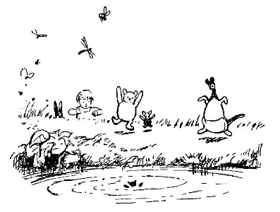 In this drawing we see Kanga, Pooh, Piglet and Christopher Robin rushing to the Pool where Roo is splashing around.