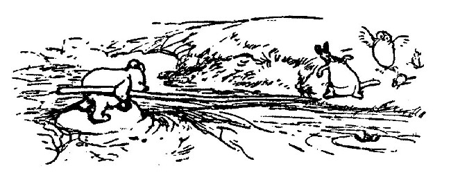 The drawing shows Pooh holding a long pole across the stream. Kanga has open arms for Roo and Owl's wings are stretched.