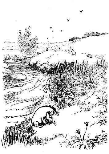 In this drawing we see the stream rushing by. Eeyore is waiting, alone, with his tail in the water.