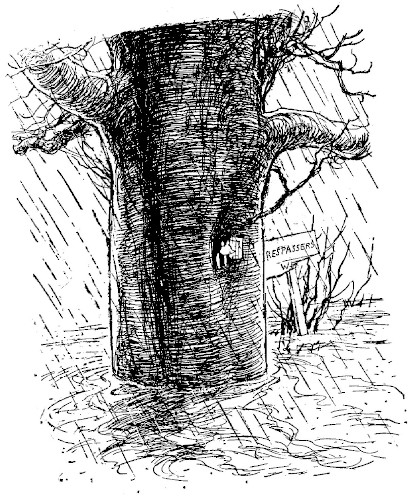 In this drawing, we see Piglet looking out of a window of his house, which is a really big tree. Rain is coming down hard, and water is swirling all around the tree.