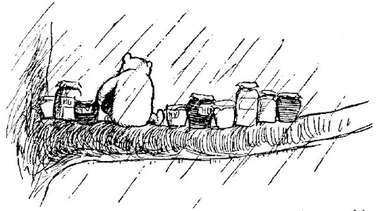 In the drawing, it's raining very hard and it's a very long branch. There are nine pots of honey; the tenth pot is in Poohs lap.