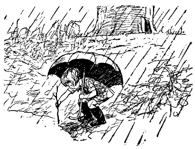 This drawing shows Christopher Robin holding a big umbrella, planting a stick at the edge of the water.